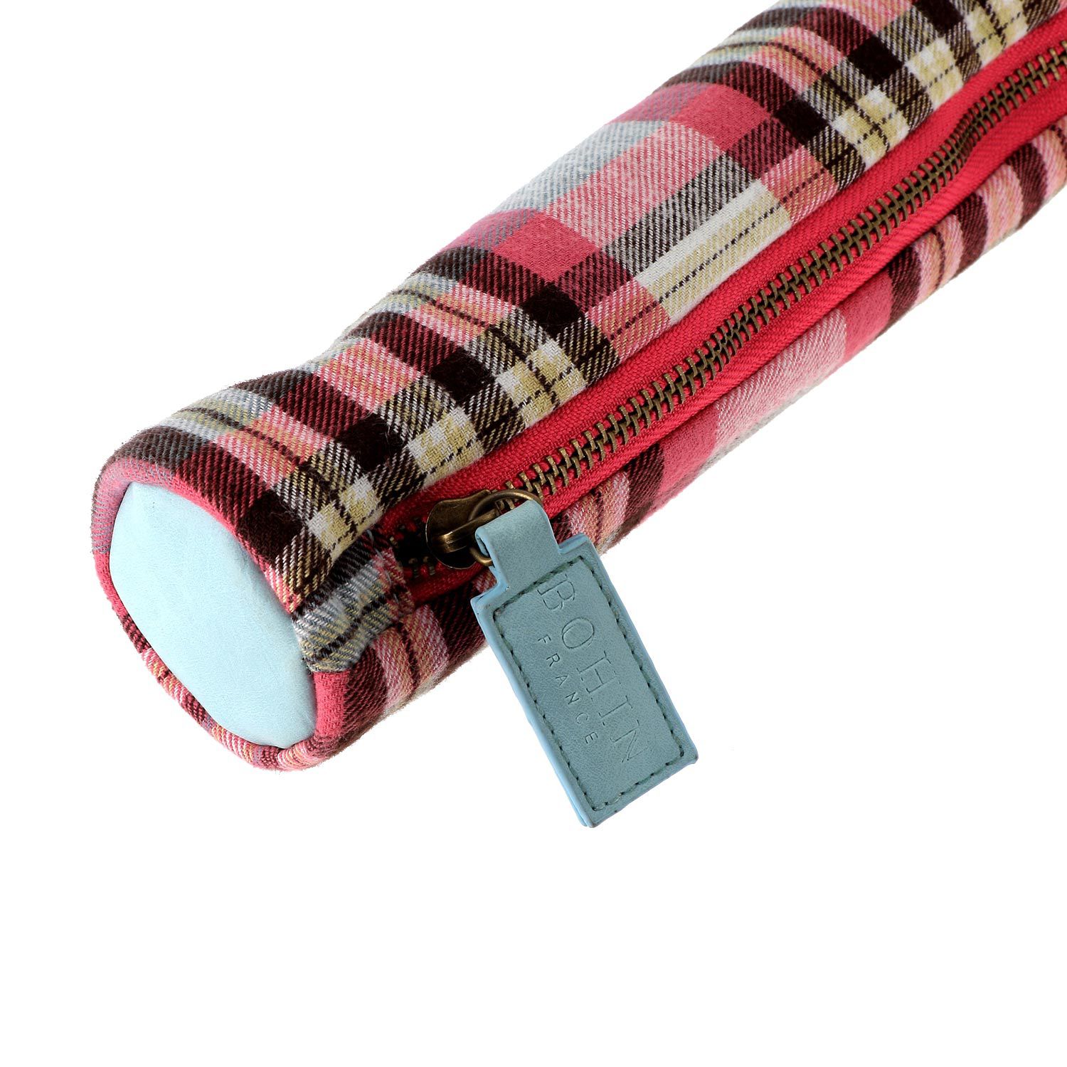 Etui tricot motif tartan bleu et rose Etui tricot motif tartan bleu et rose