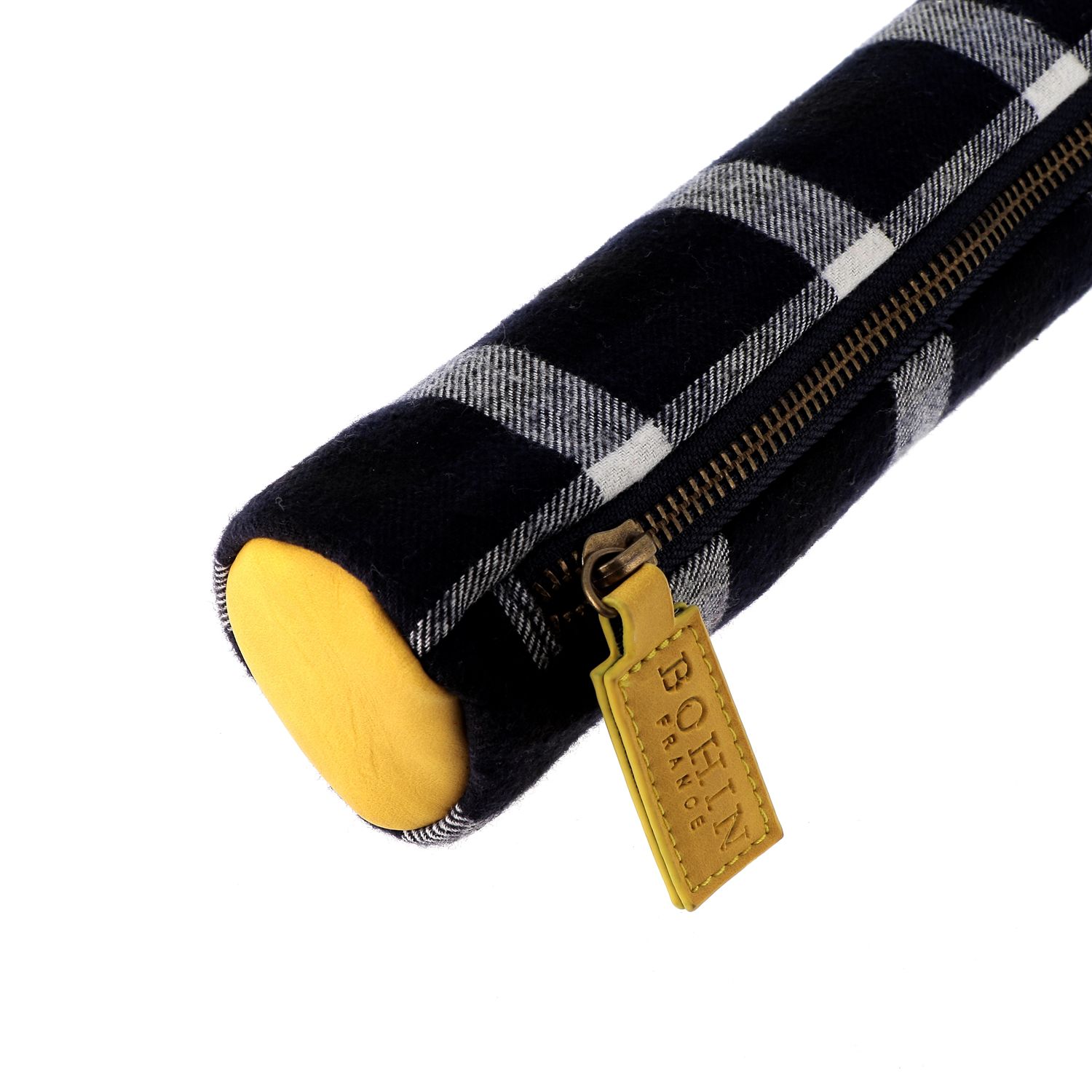 Etui tricot motif tartan jaune et marine Etui tricot motif tartan jaune et marine
