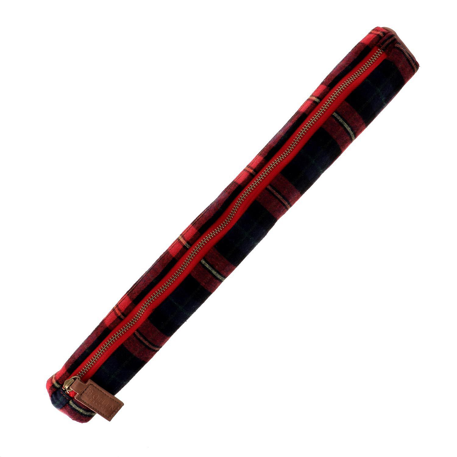 Etui tricot motif tartan rouge et marron
