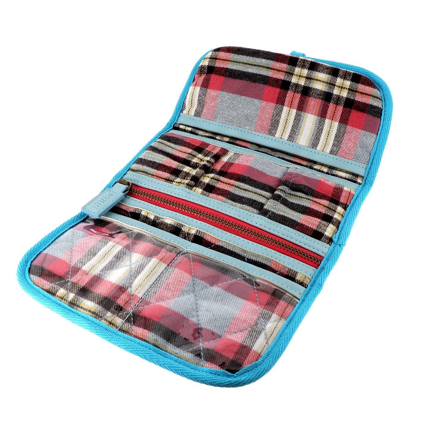 Trousse de couture motif tartan bleu et rose