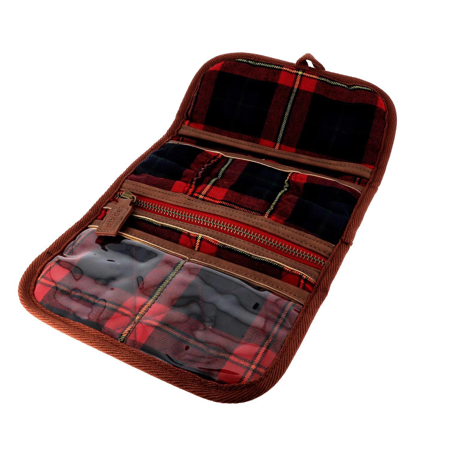 Trousse de couture motif tartan marron et rouge Trousse de couture motif tartan marron et rouge