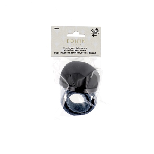 [W98818] Bracelet porte épingles noir ajustable en jeans upcyclé